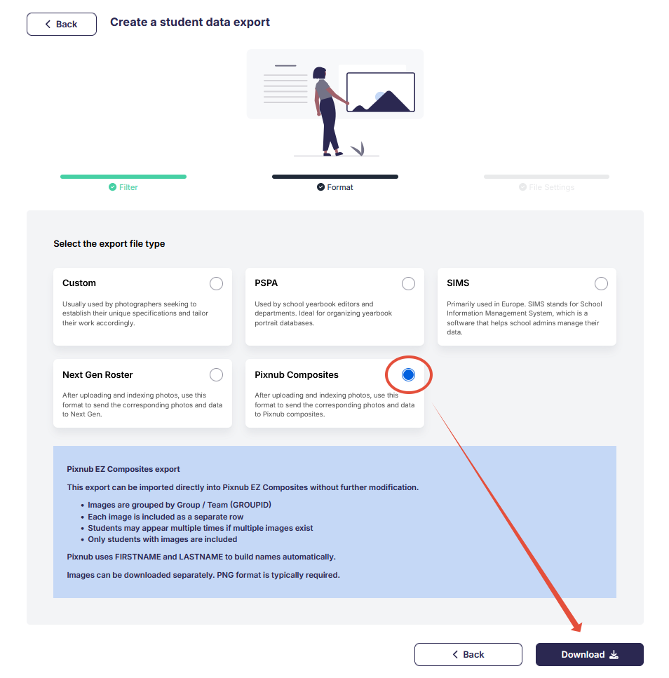 Pixnub export format selection