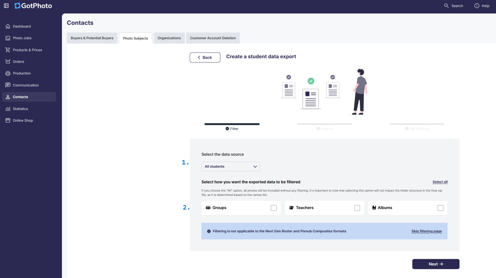 A screenshot of the export data source and filtering options, with two sections numbered 1 and 2.