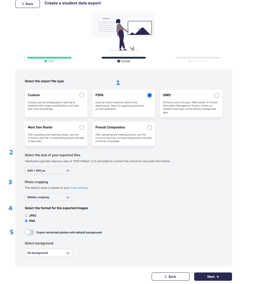 A screenshot of the export formatting options, showing settings for export type, sizing, crop, image file type, and background, each numbered.