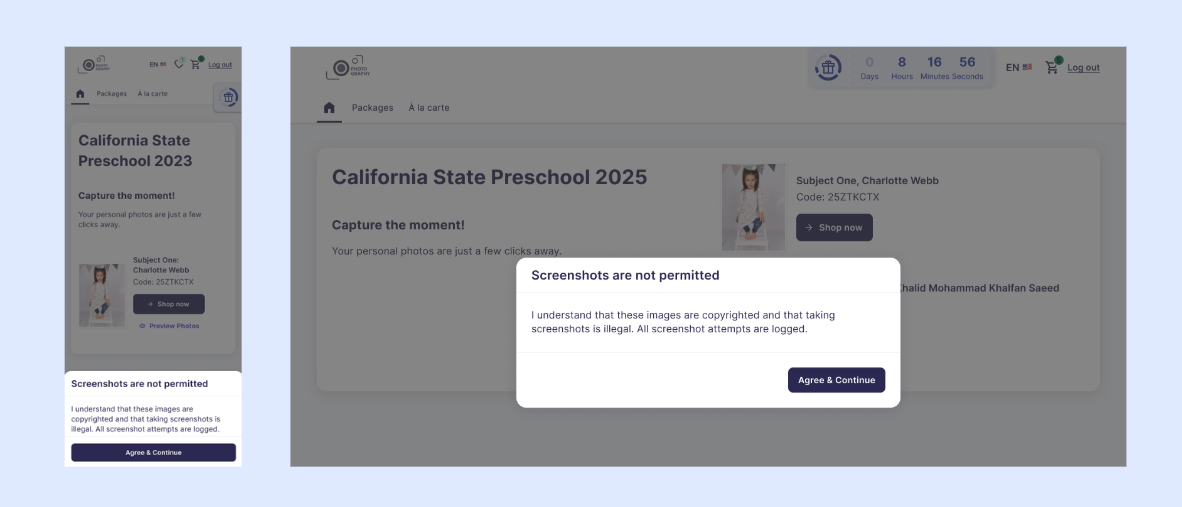 Modal shown in the shop informing customers that screenshots are not permitted and require consent before continuing.