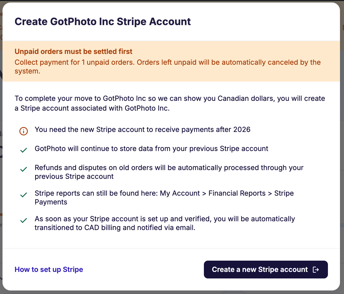 Dialog to create a GotPhoto Inc Stripe account with migration details and unpaid order warning
