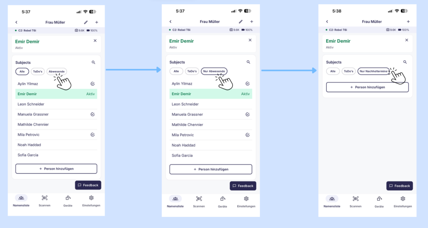 Filter für Abwesend und Nachholtermine in der App