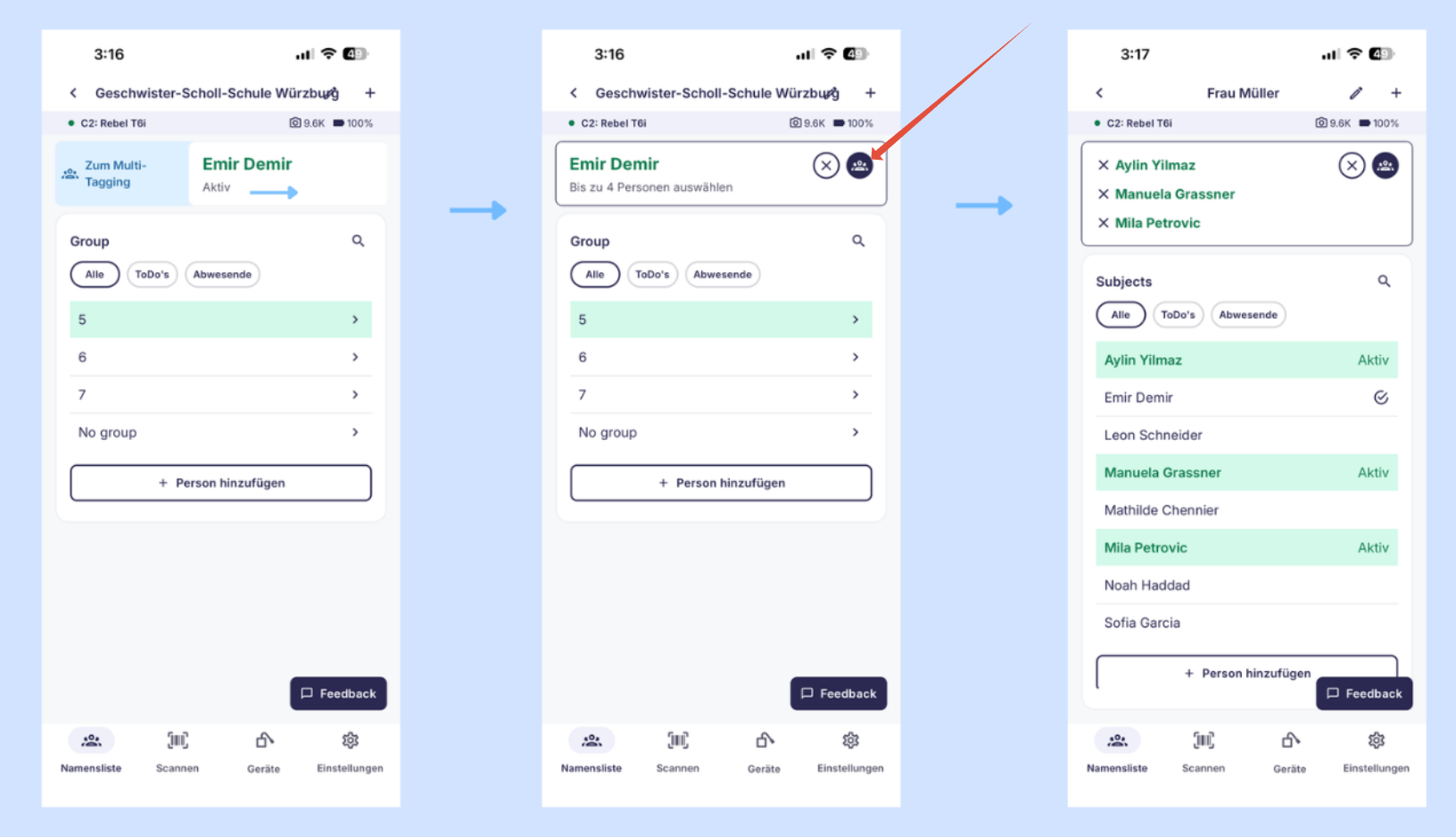 Multi-Tagging Auswahl mehrerer Personen in der App