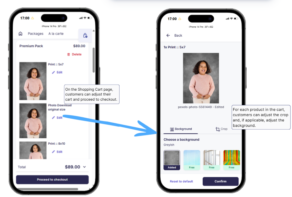 Mobile view of the shopping cart