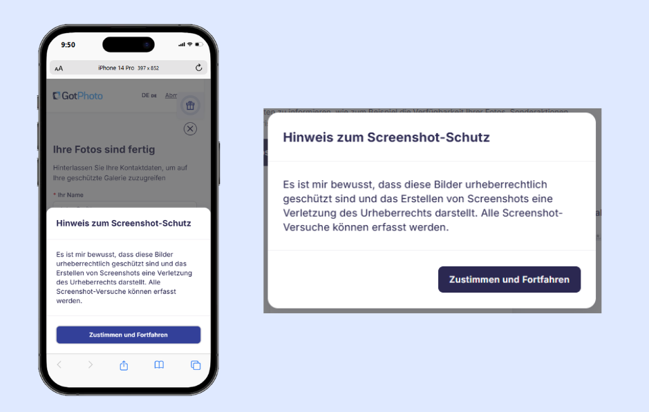 Screenshot-Zustimmungsfenster im Shop, das Kund:innen darüber informiert, dass Screenshots nicht erlaubt sind, Versuche erfasst werden und eine Zustimmung erforderlich ist, um fortzufahren.