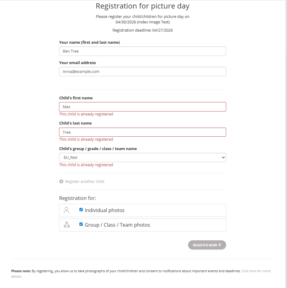 Notification during registration showing that this child is already registered.