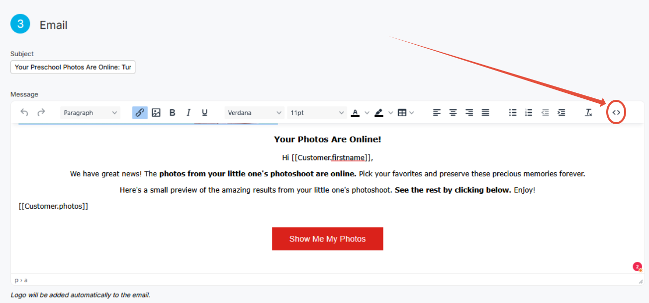 Email template with source code icon 