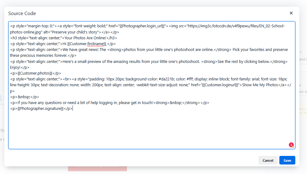 Source code of an email template