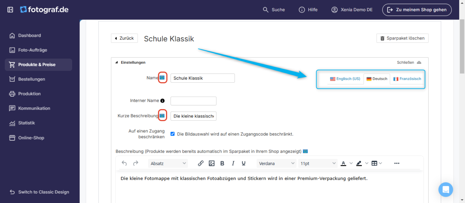 Paket-Einstellungen Übersetzung