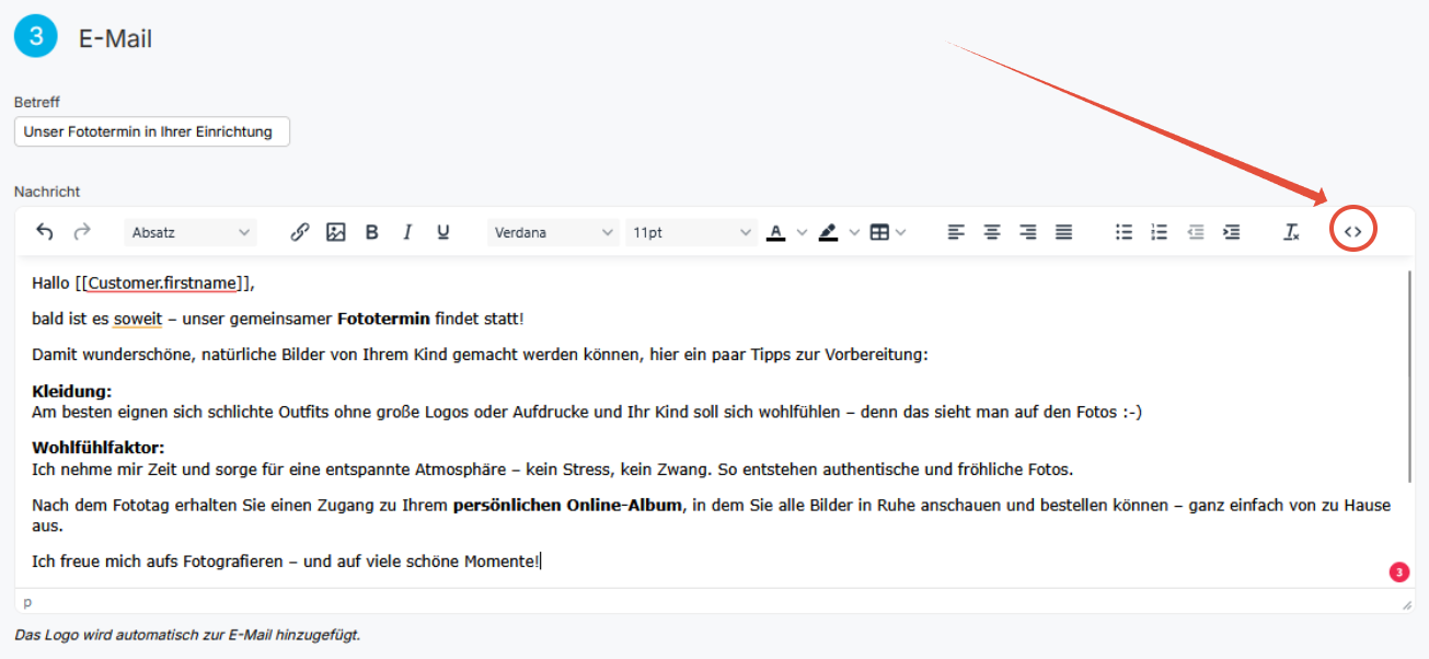 E-Mail Vorlage Quellcode Symbol