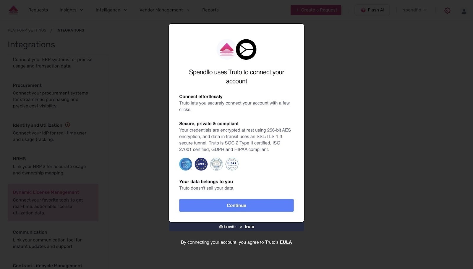 Truto secure connection dialog with Continue button