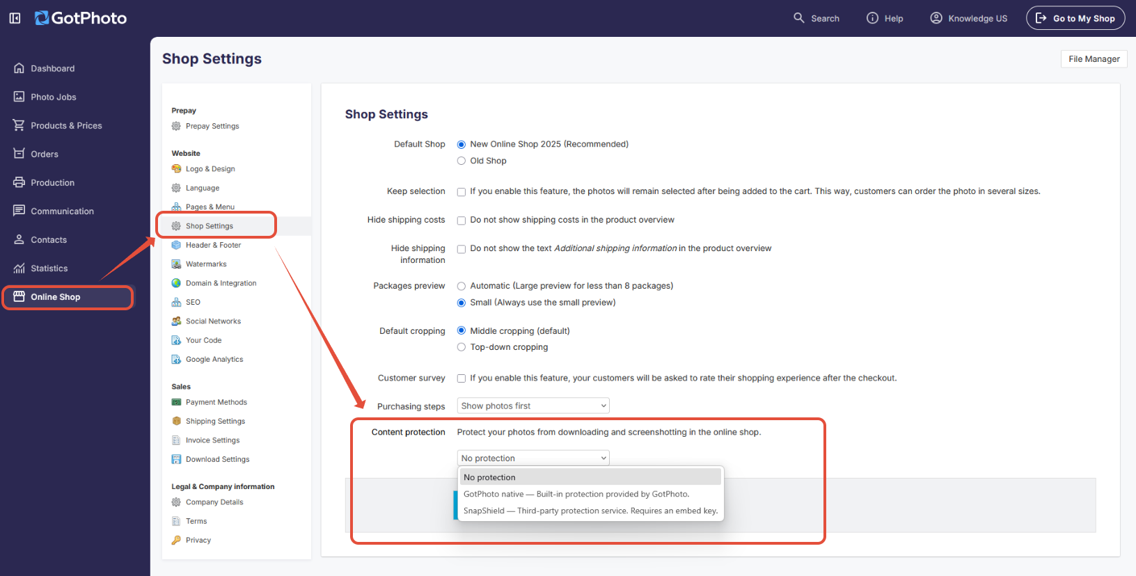 Content protection settings in the GotPhoto online shop showing available protection options.