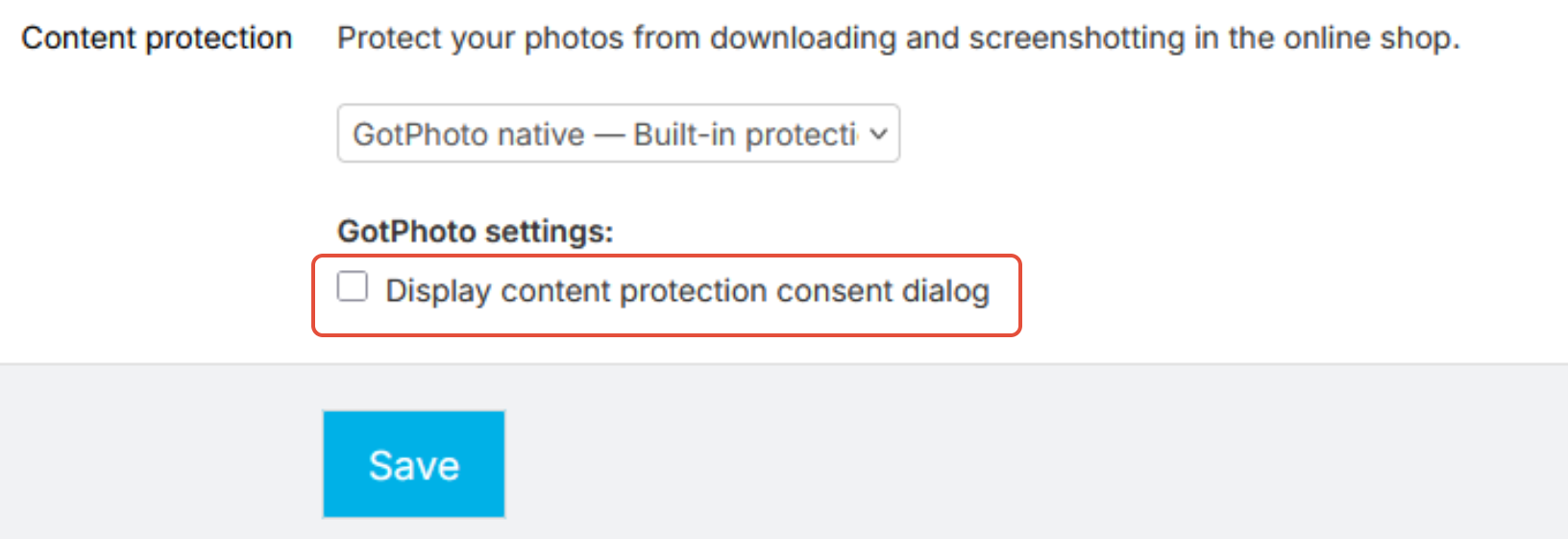 GotPhoto native content protection settings with consent dialog option enabled.