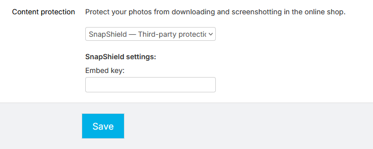 SnapShield content protection settings with embed key field.
