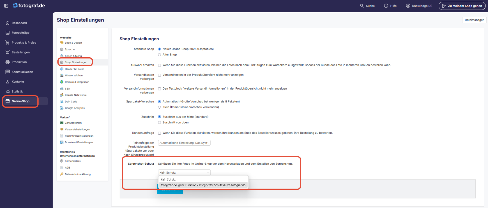 Screenshot-Schutz-Einstellungen im Online-Shop