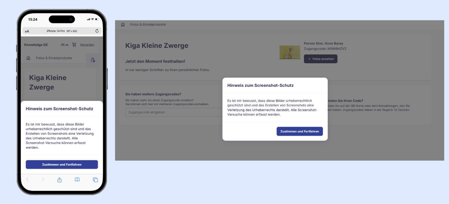 Hinweisdialog zu Screenshots im Shop
