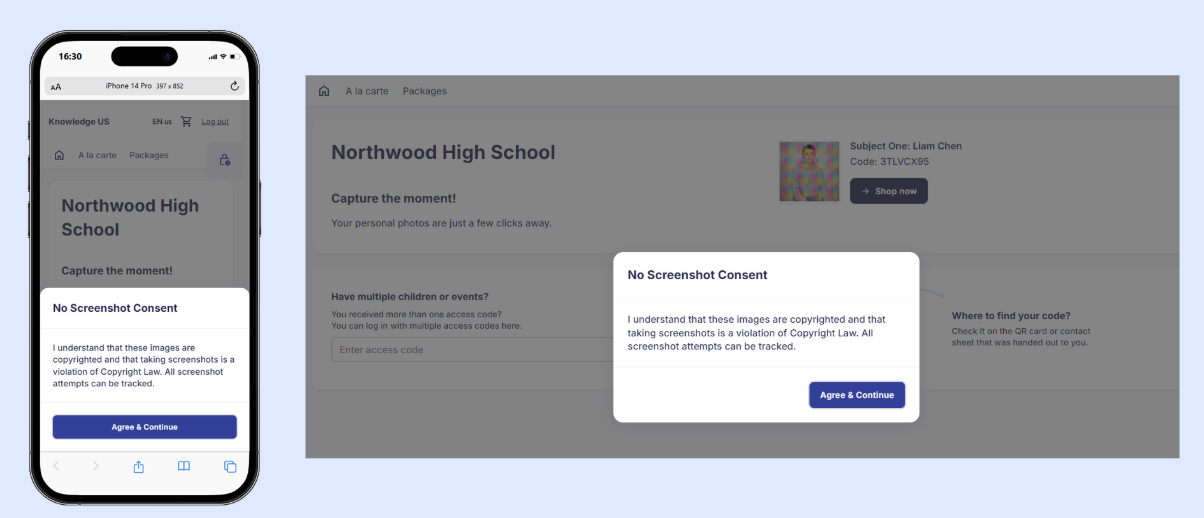 Screenshot awareness consent dialog shown to customers in the GotPhoto online shop.