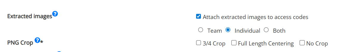 Settings for extracted images with team, individual, or both options and PNG crop checkboxes.