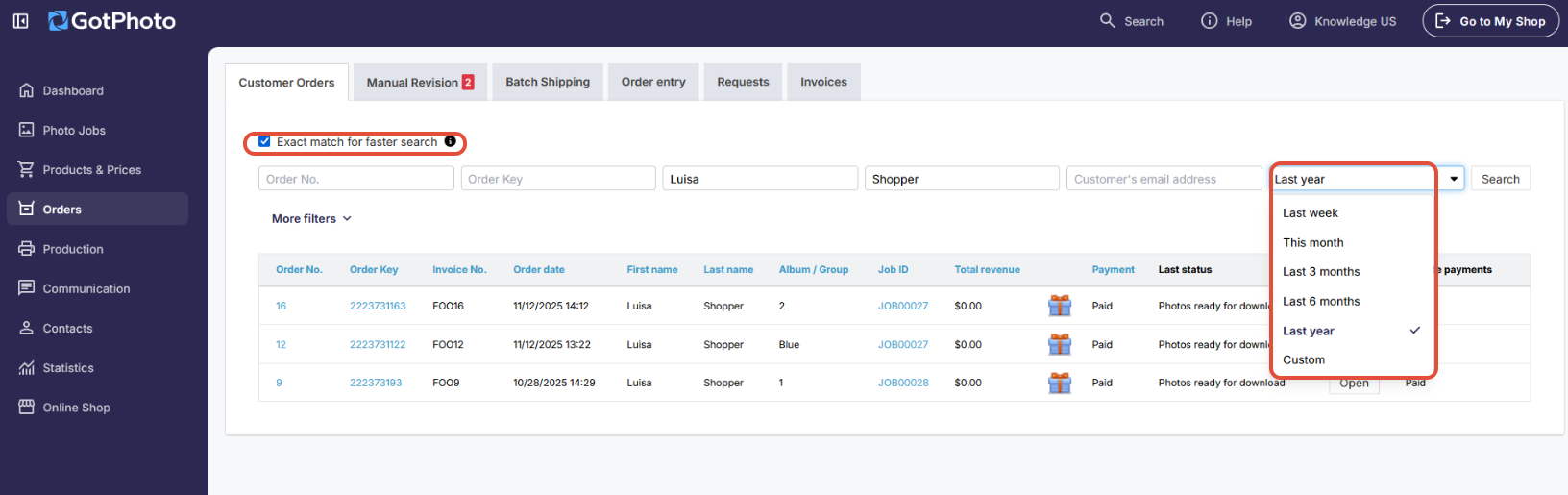 Orders tab with highlighted "Exact match filter"