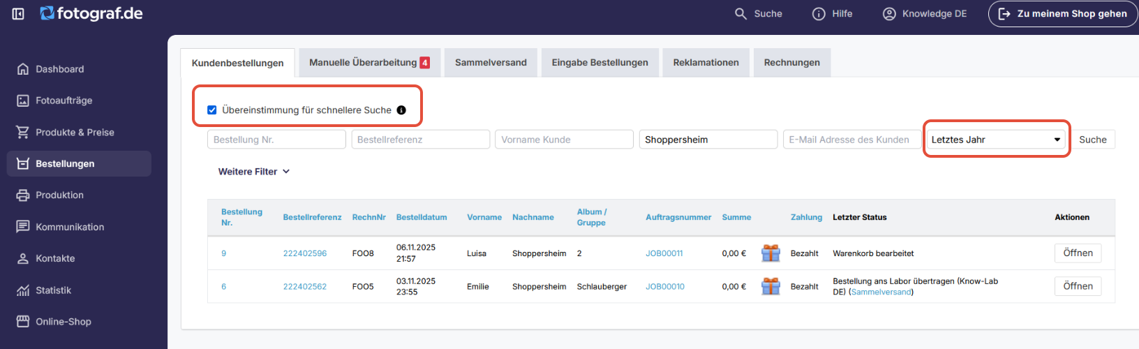 Bestellungsseite mit hervorgehobener Funktion für exakte Suche und Datumsbereichsfilter.