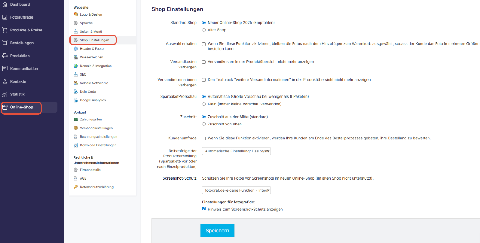 Shop Einstellungen-Seite im Adminbereich