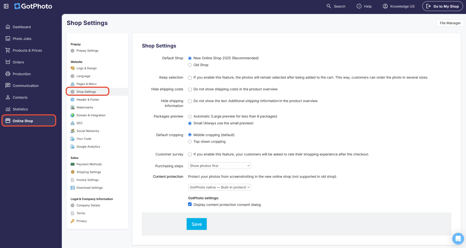 Screenshot of the Shop Settings page