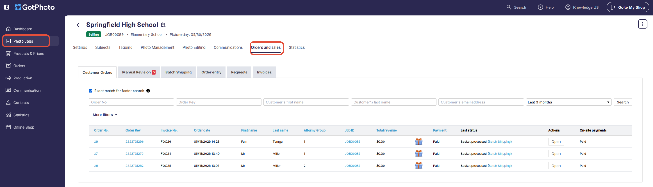 Job-level Orders page screenshot