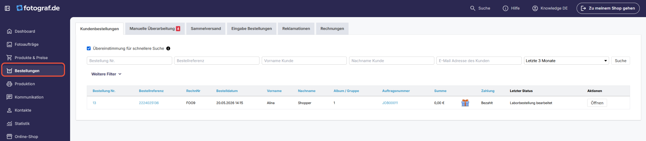 Navigation zur Bestellseite im Admin-Menü