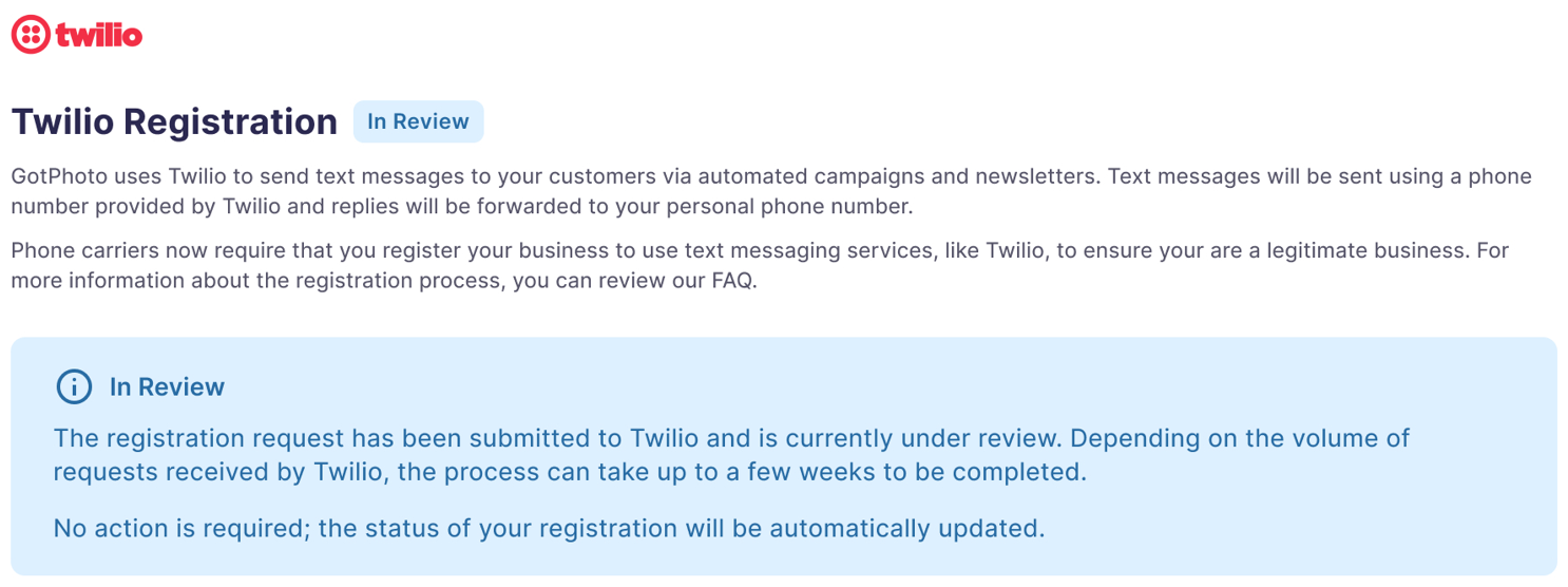 Screenshot showing Twilio registration in review status.