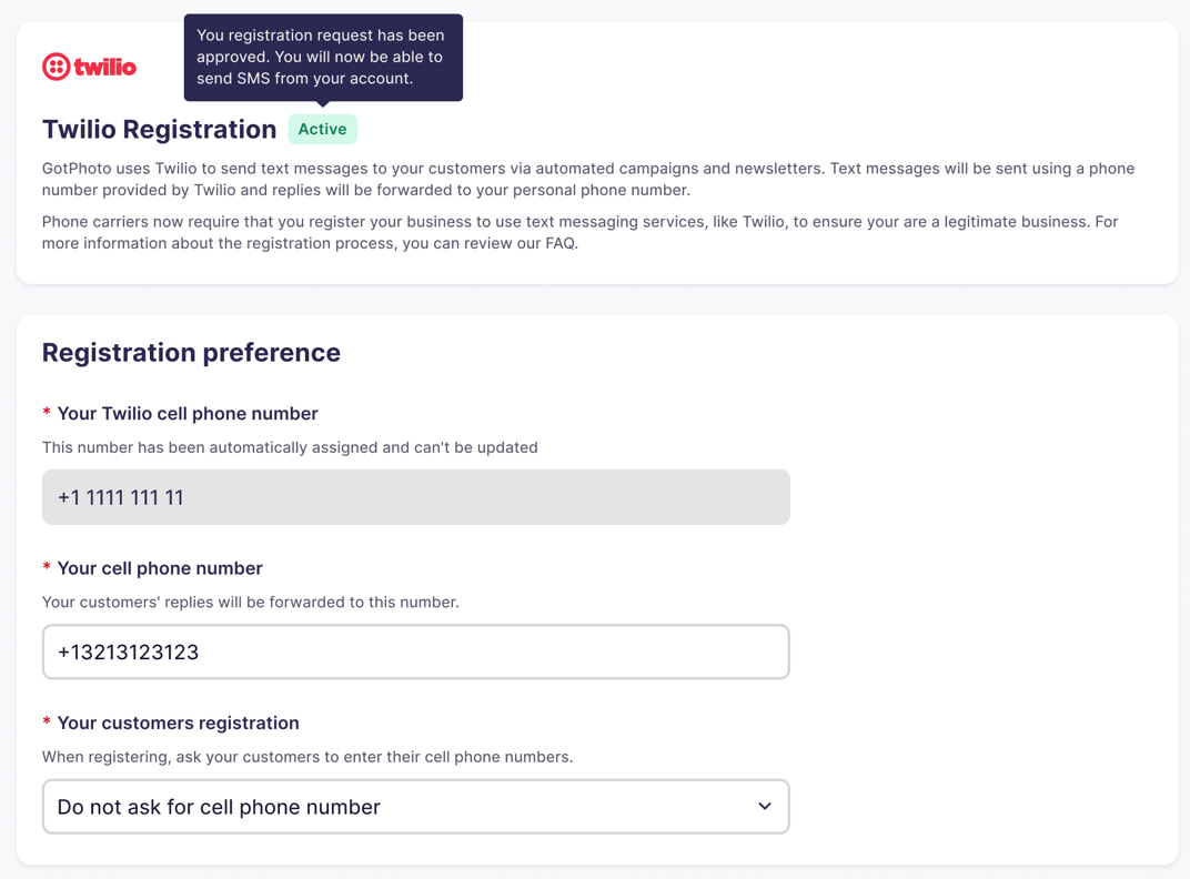 Screenshot showing Twilio status being active.