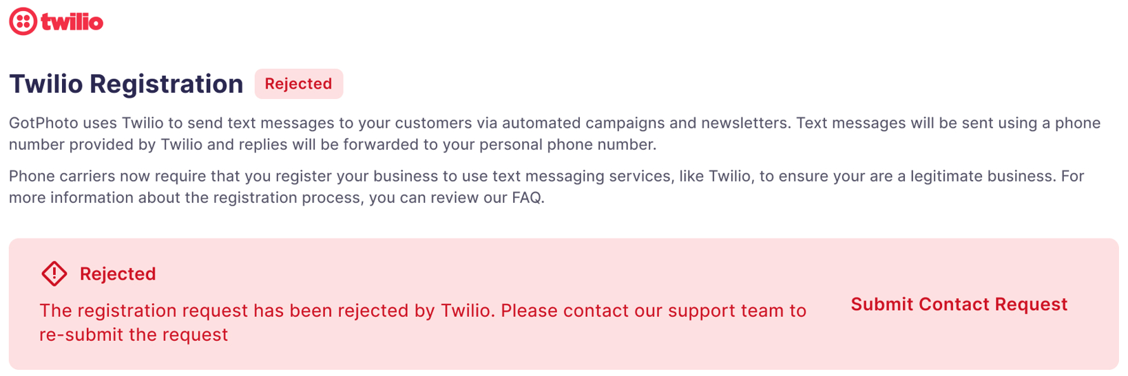 Screenshot showing Twilio status marked as rejected.