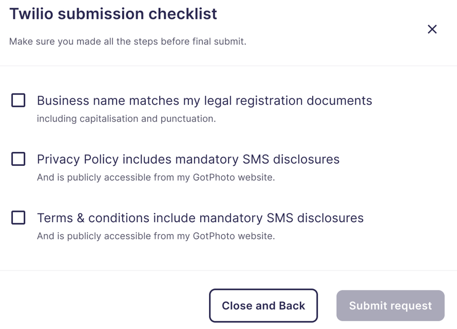 Screenshot showing Twilio submission checklist for businesses.
