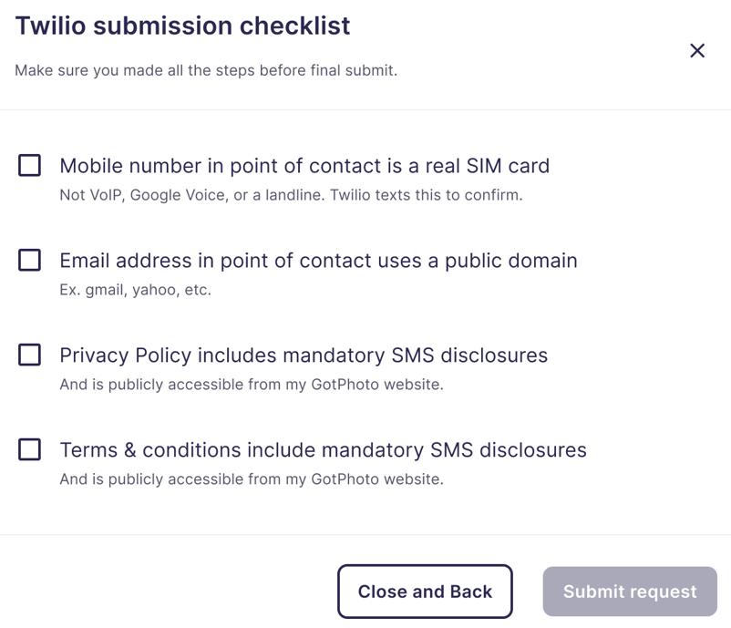 Screenshot showing Twilio submission checklist for sole proprietors.