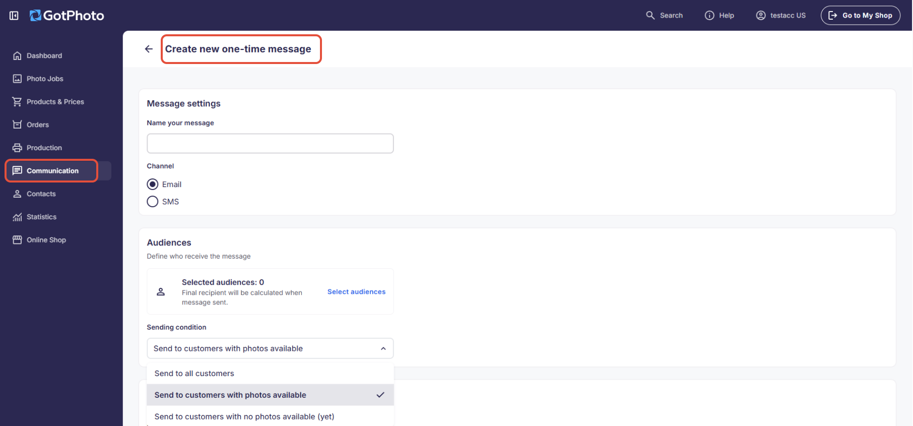 Settings page for creating a one-time message