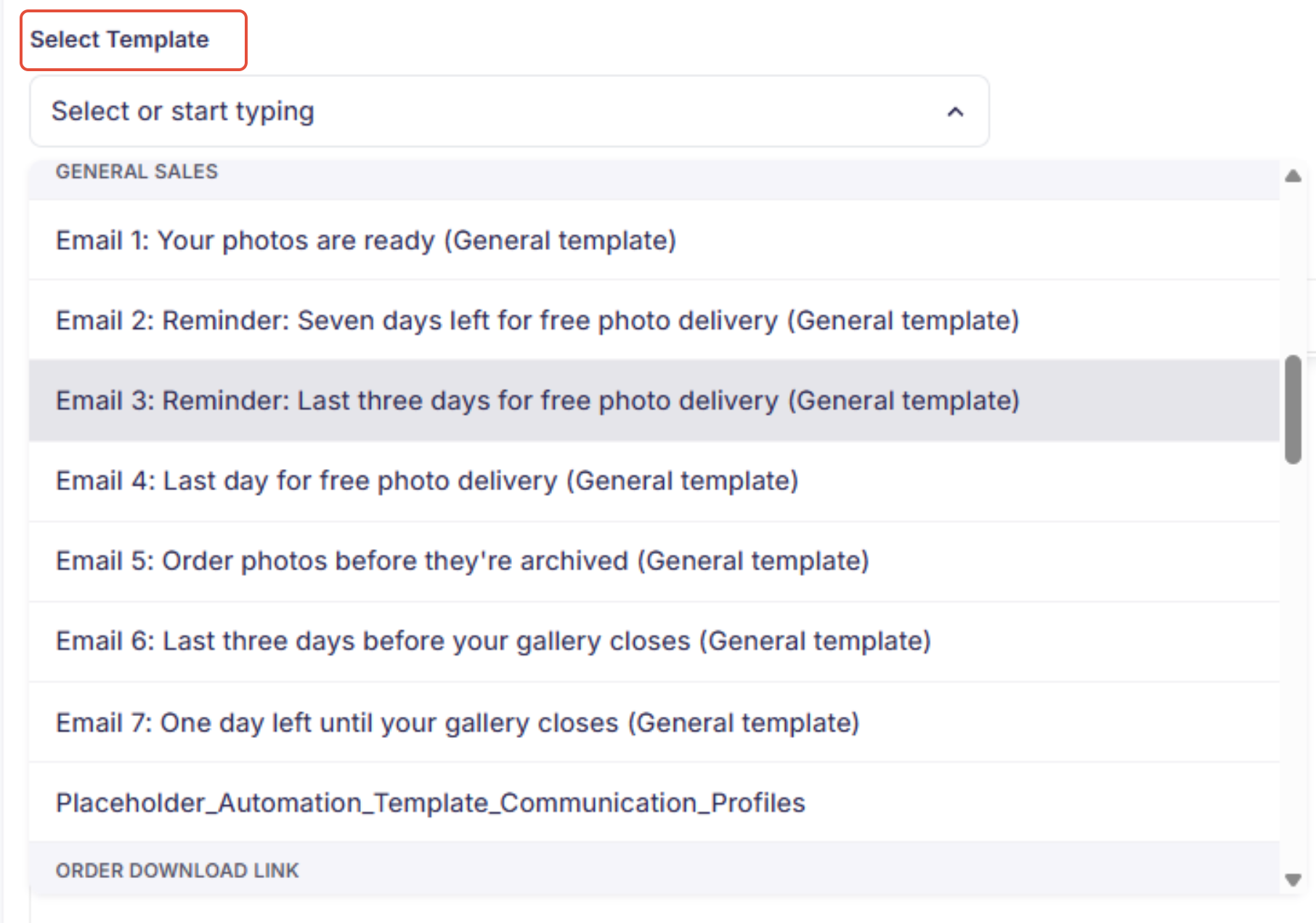 Dropdown showing available message templates