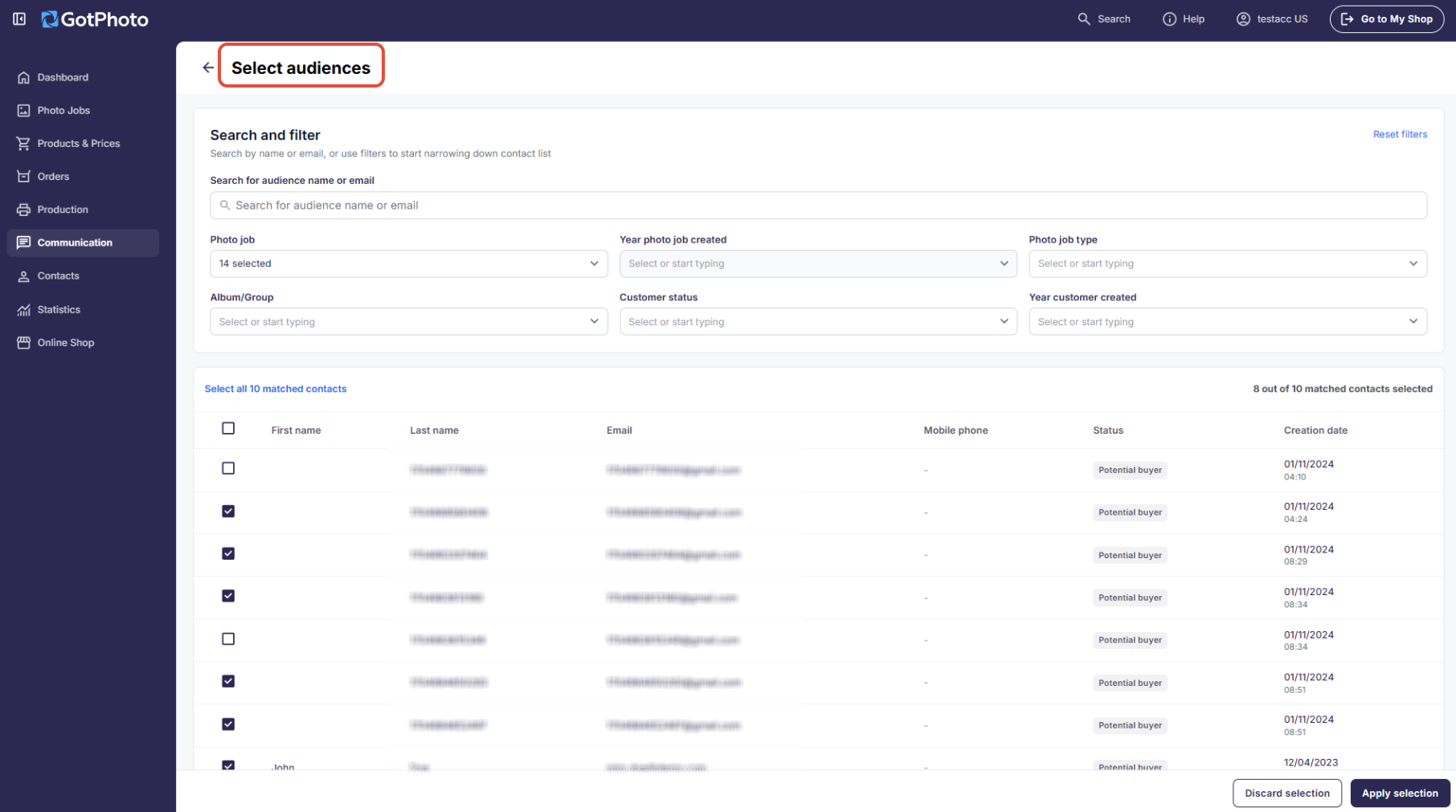 Audience filters for selecting recipients by job, album or group, customer status, year, or photo job type