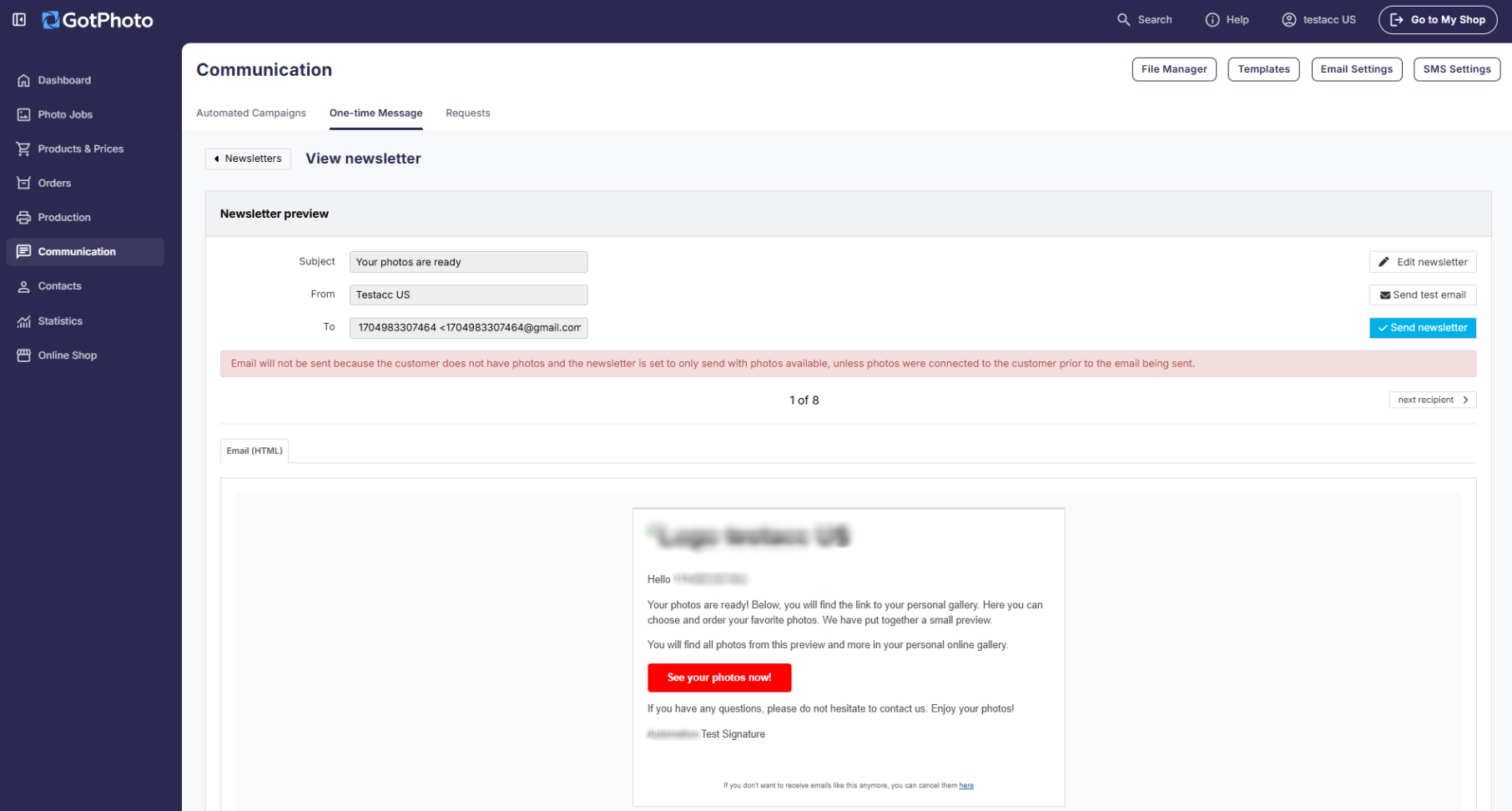 Review page options to edit the newsletter, send a test email, or send the newsletter