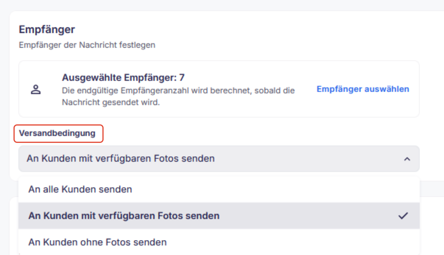 Optionen für Sendebedingungen