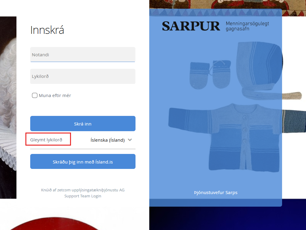 Gleymt lykilorð á innskráningarsíðu Sarps