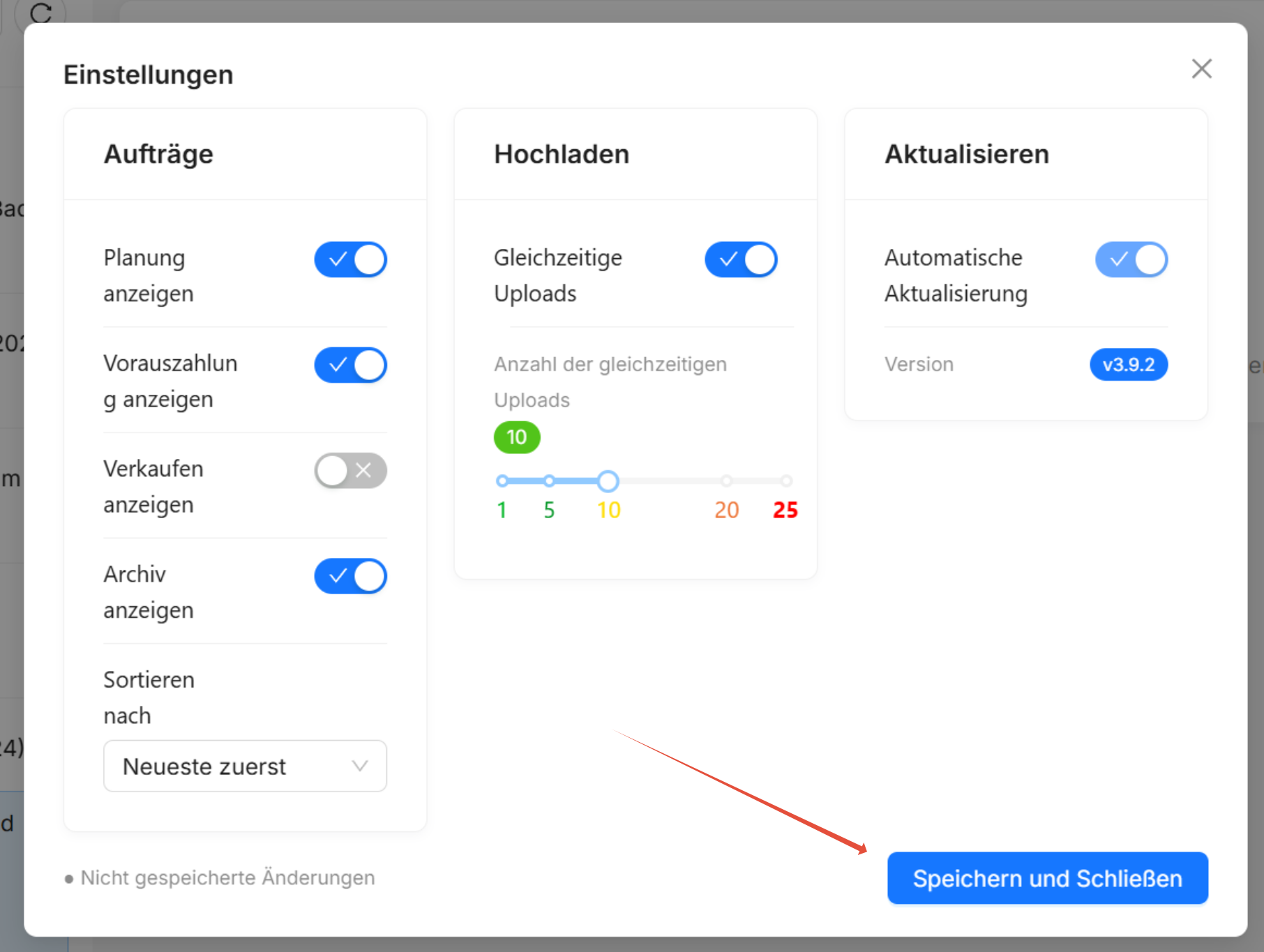 Schaltfläche Speichern und Schließen in EasyUpload Einstellungen