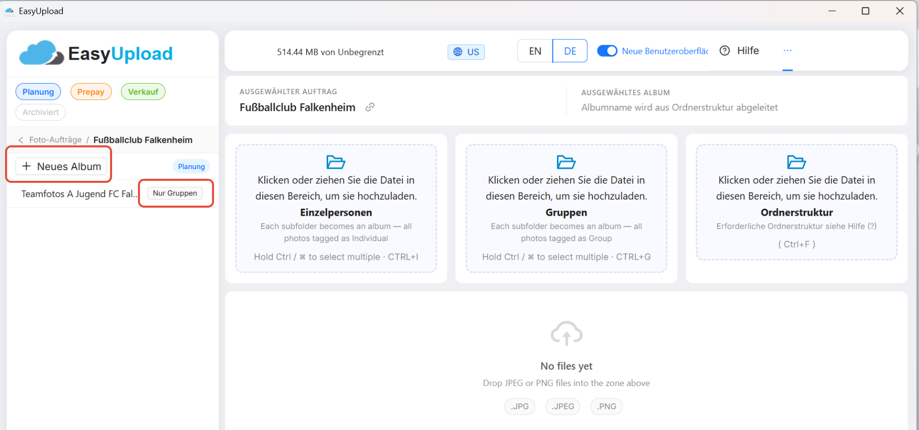 Albumansicht mit Schaltfläche Neues Album und Nur-Gruppen-Badge