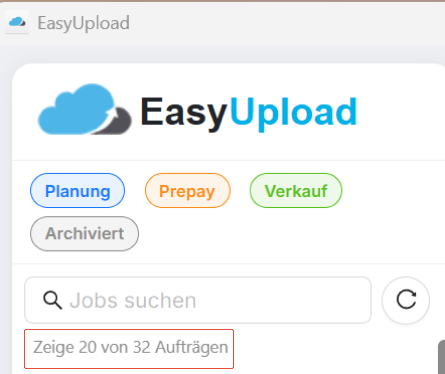 Auftragszähler in der Seitenleiste von EasyUpload