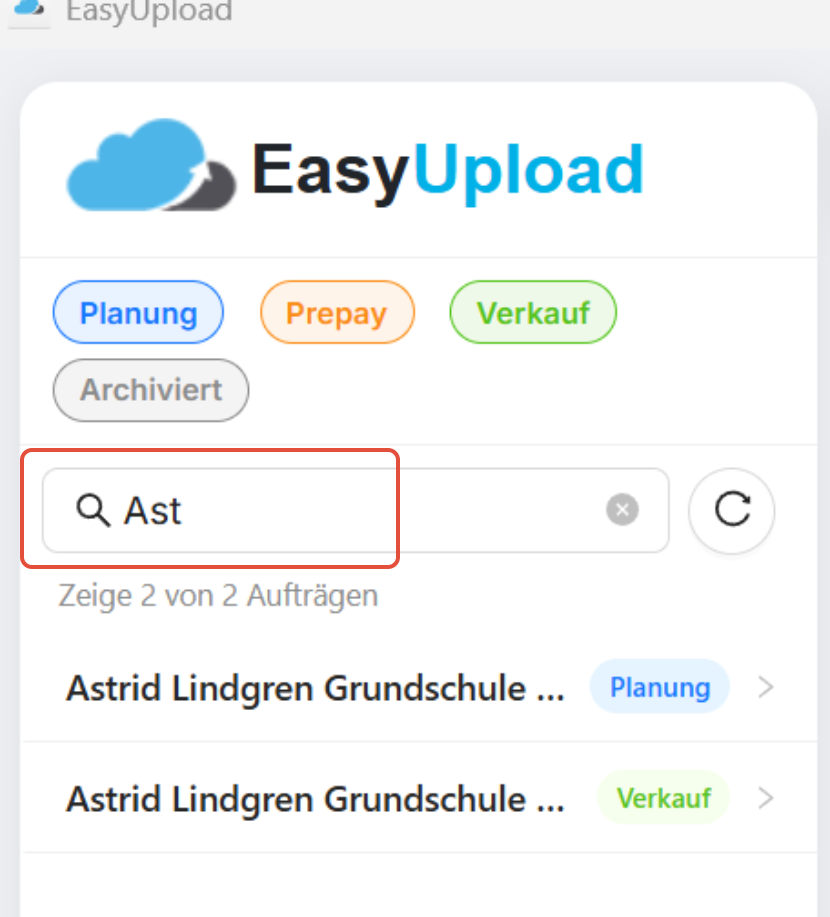 Suchfeld in der neuen Benutzeroberfläche von EasyUpload
