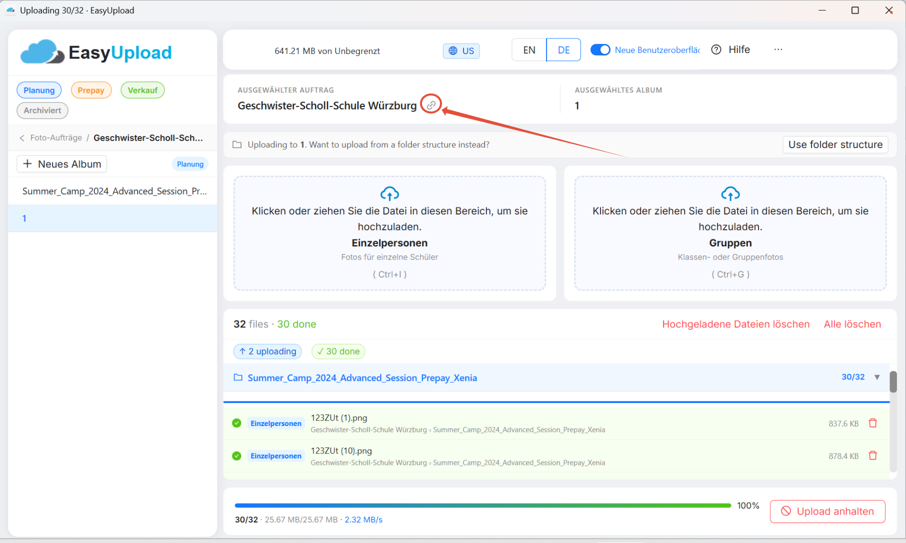 Option zum Öffnen eines Auftrags im Browser