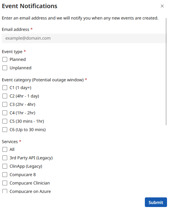 A screenshot of the Event Notifications form.