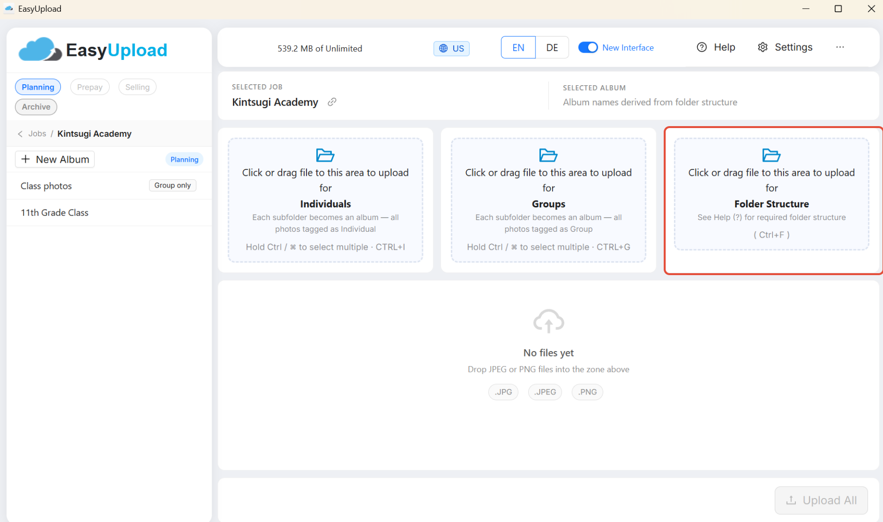 Upload area, Supported Folder Structure is highlighted.