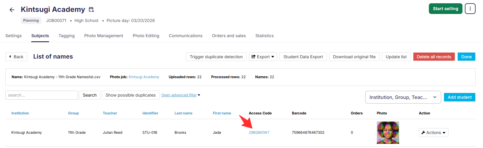 Subject Tab_Access Code