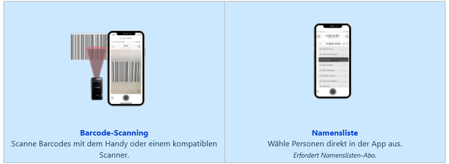 Entagged-Workflow-Vergleich: Barcode-Scanning (Barcodes mit Handy oder kompatiblem Scanner scannen) und Namensliste (Personen direkt in der App auswählen, erfordert Namenslisten-Abo)