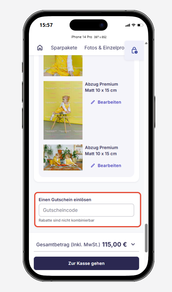 Mobile Ansicht:  Gutscheineingabe im Shop