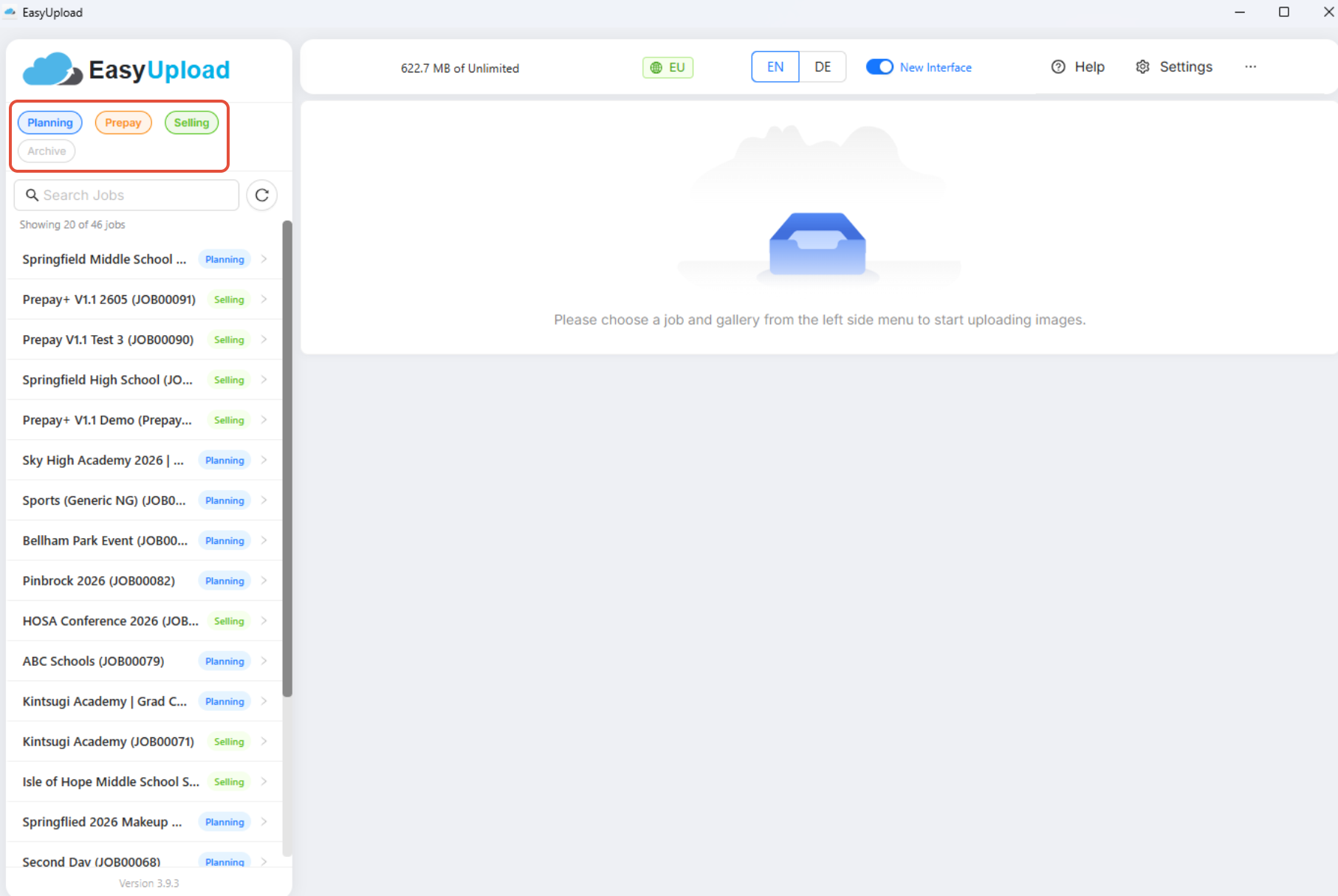 Screenshot showing how to filter by job status.